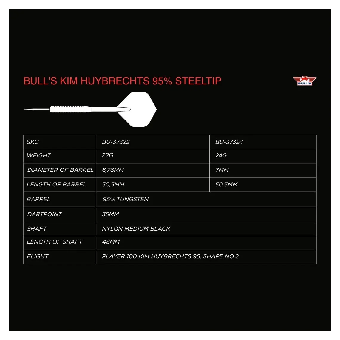 Bulls NL Kim Huybrechts 95% Tungsten Steel Tip Darts - 24g - Image 8