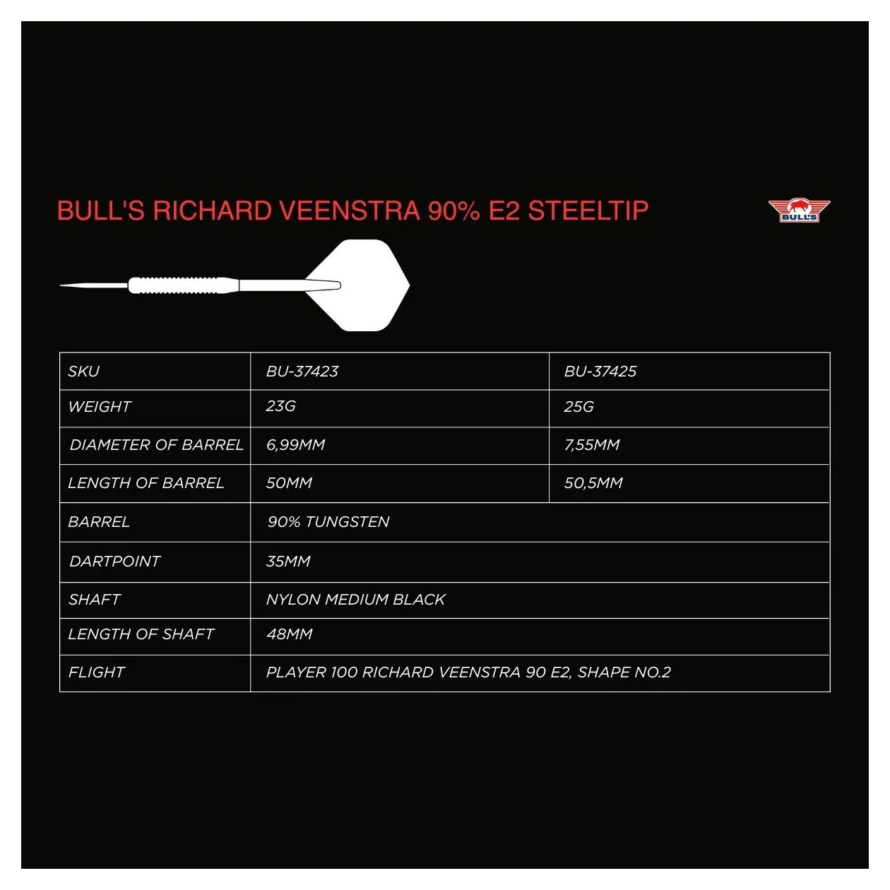 Bulls NL Richard Veenstra E2 90% Tungsten Steel Tip Darts - 23g - Image 7