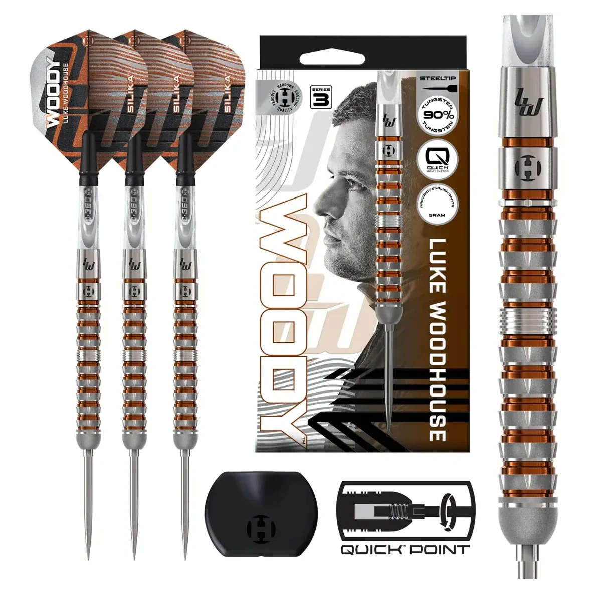 Harrows Luke Woodhouse Series 3 Quick Point 90% Tungsten Steel Tip Darts 23g - Image 6