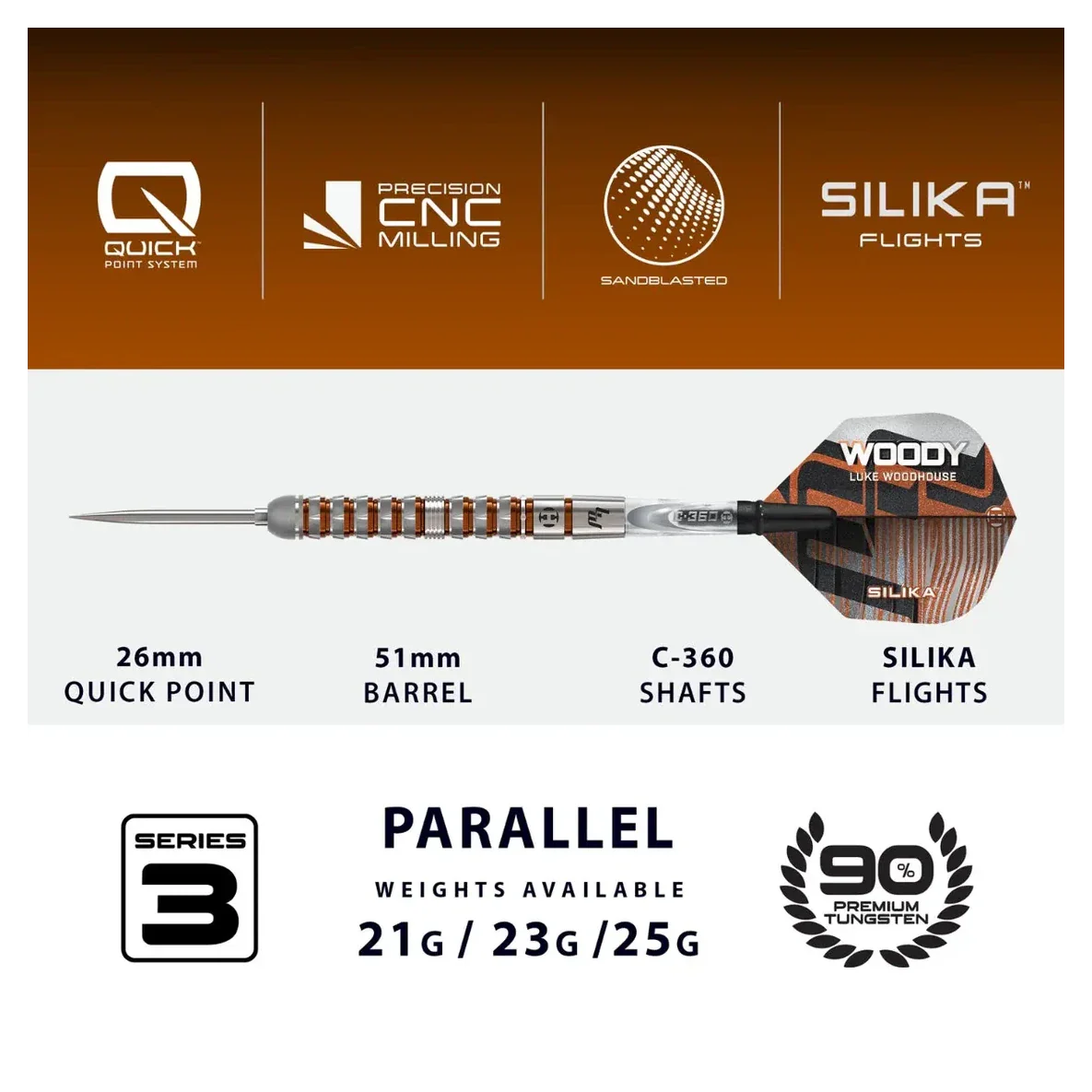 Harrows Luke Woodhouse Series 3 Quick Point 90% Tungsten Steel Tip Darts 23g - Image 5