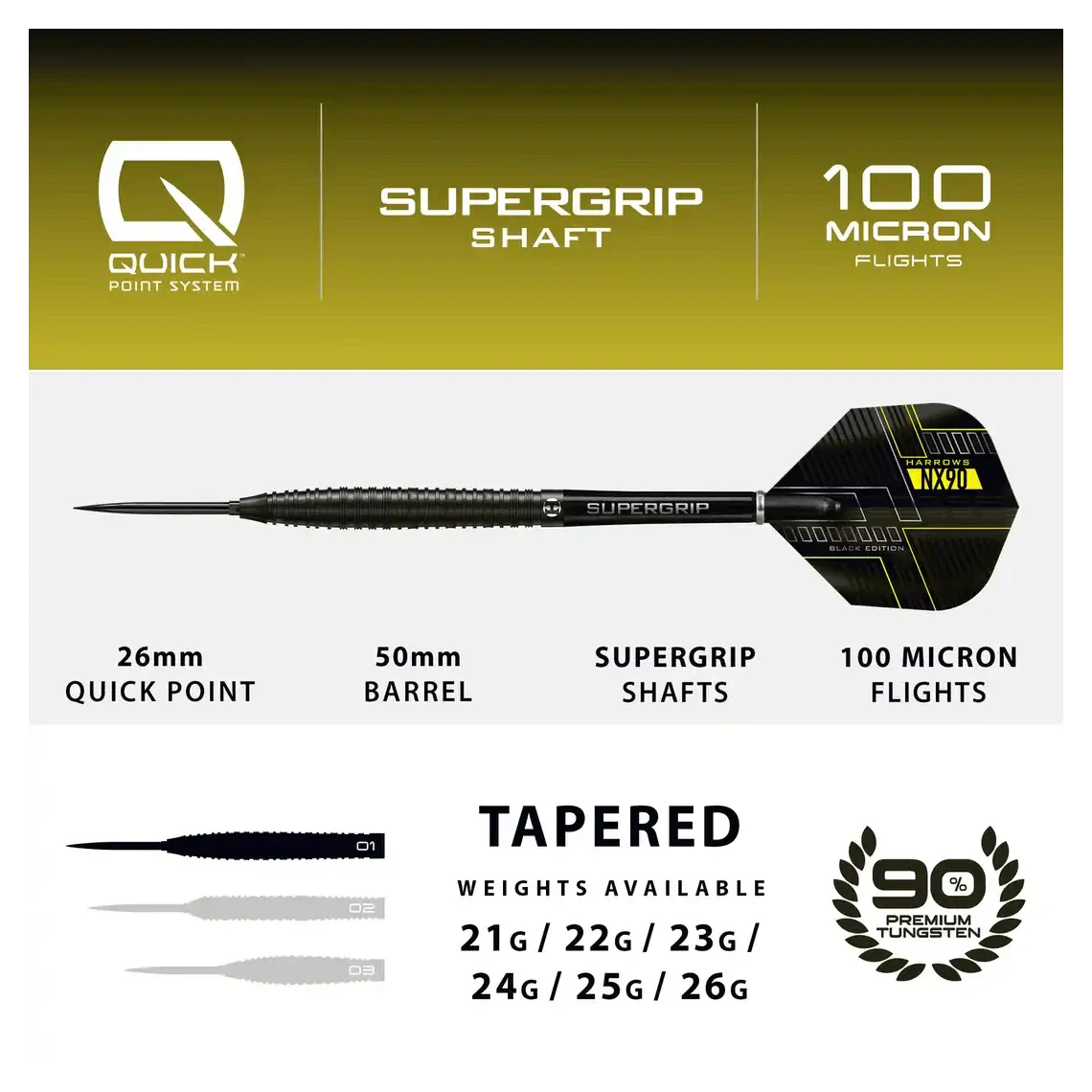 Harrows NX90 | Black Edition Tapered | Quick Point | 90% Tungsten Steel Tip Darts | 24g - Image 5