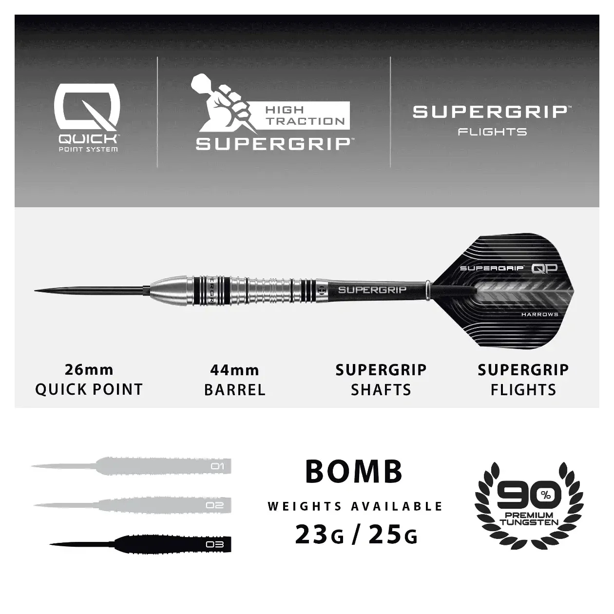 Harrows Supergrip QP Bomb 90% Tungsten Steel Tip Darts - 23g - Image 5