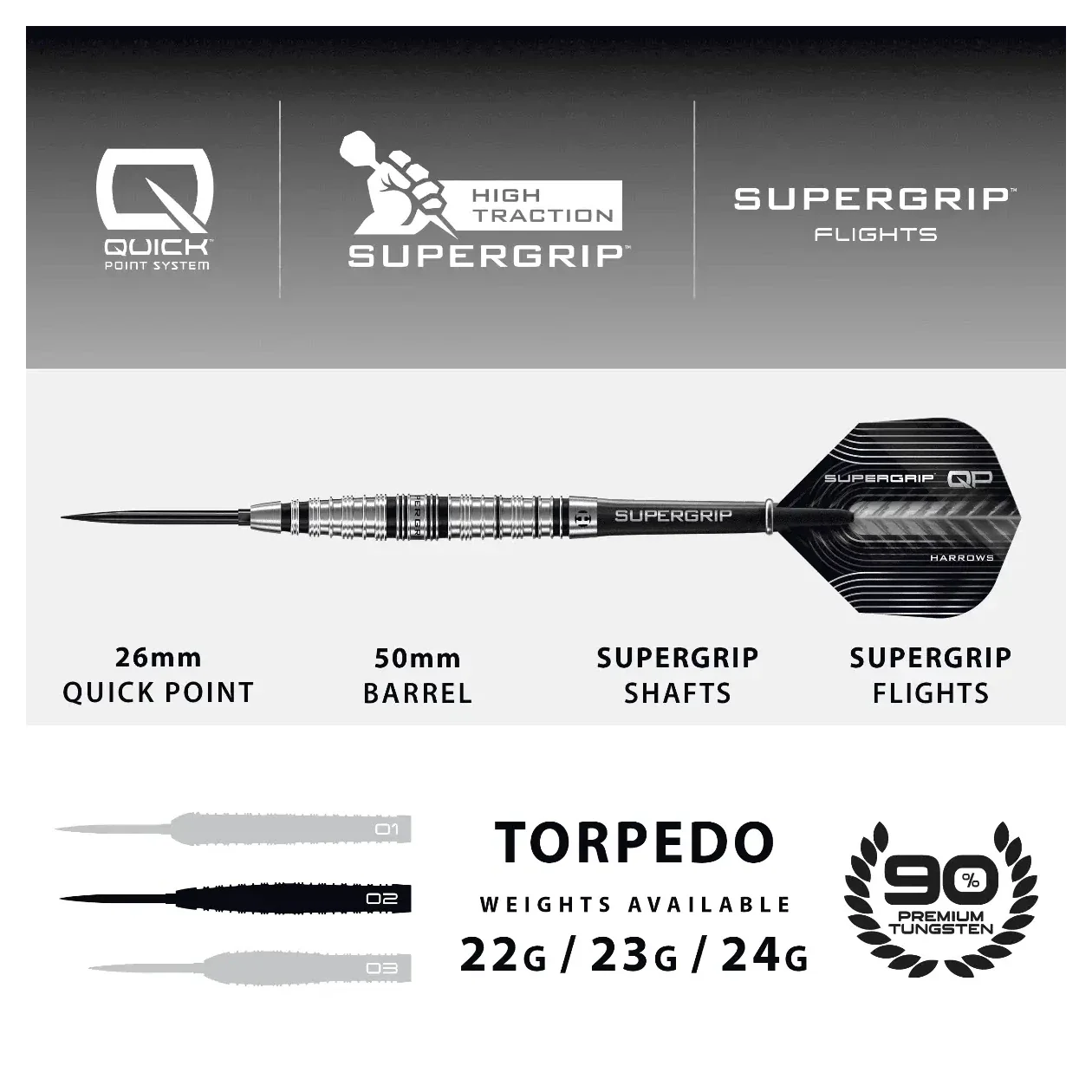 Harrows Supergrip QP Torpedo 90% Tungsten Steel Tip Darts - 22g - Image 4