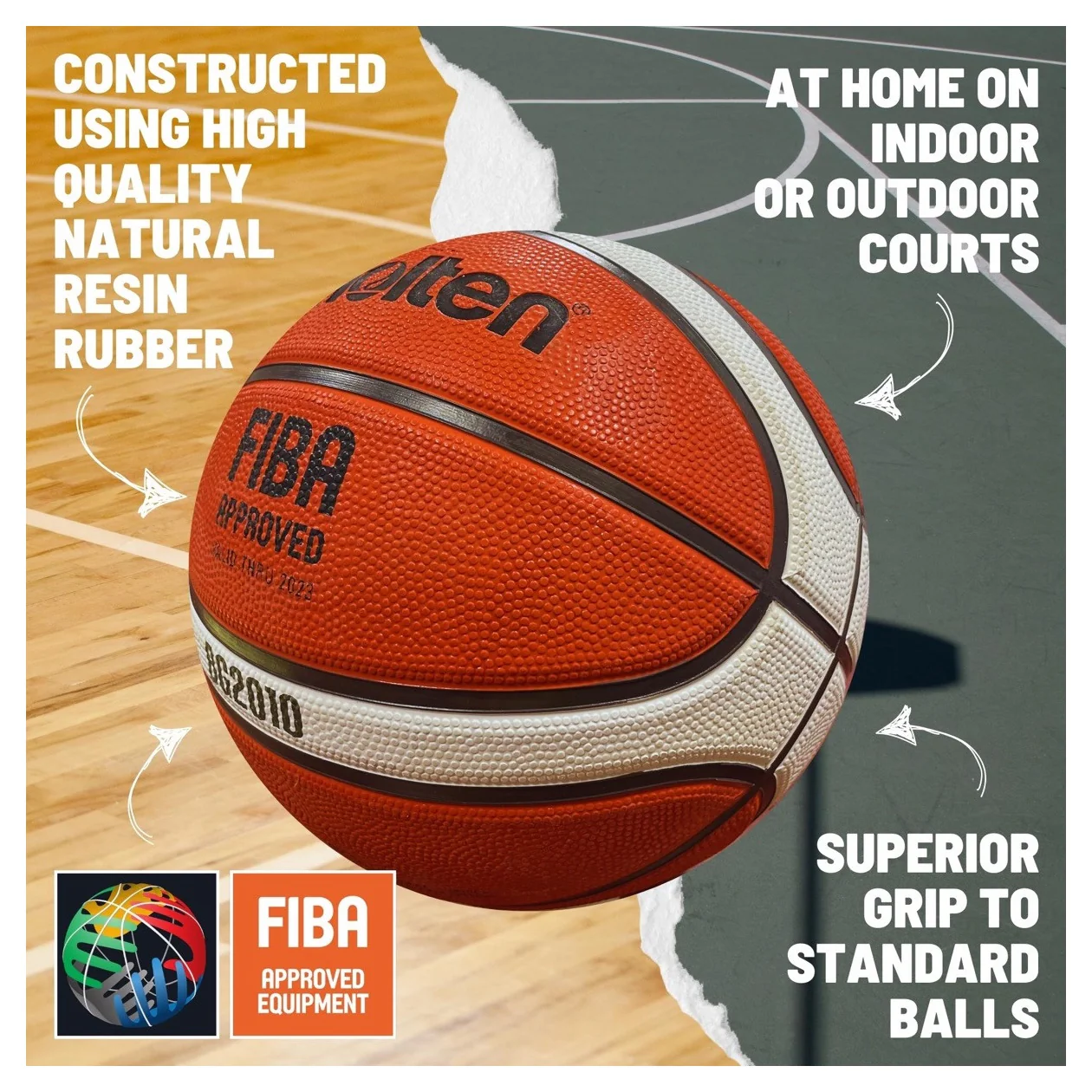 Molten BG2010 Basketball - 12 Panel Rubber Deep Channel (Indoor & Outdoor) - Size 5 - Image 2