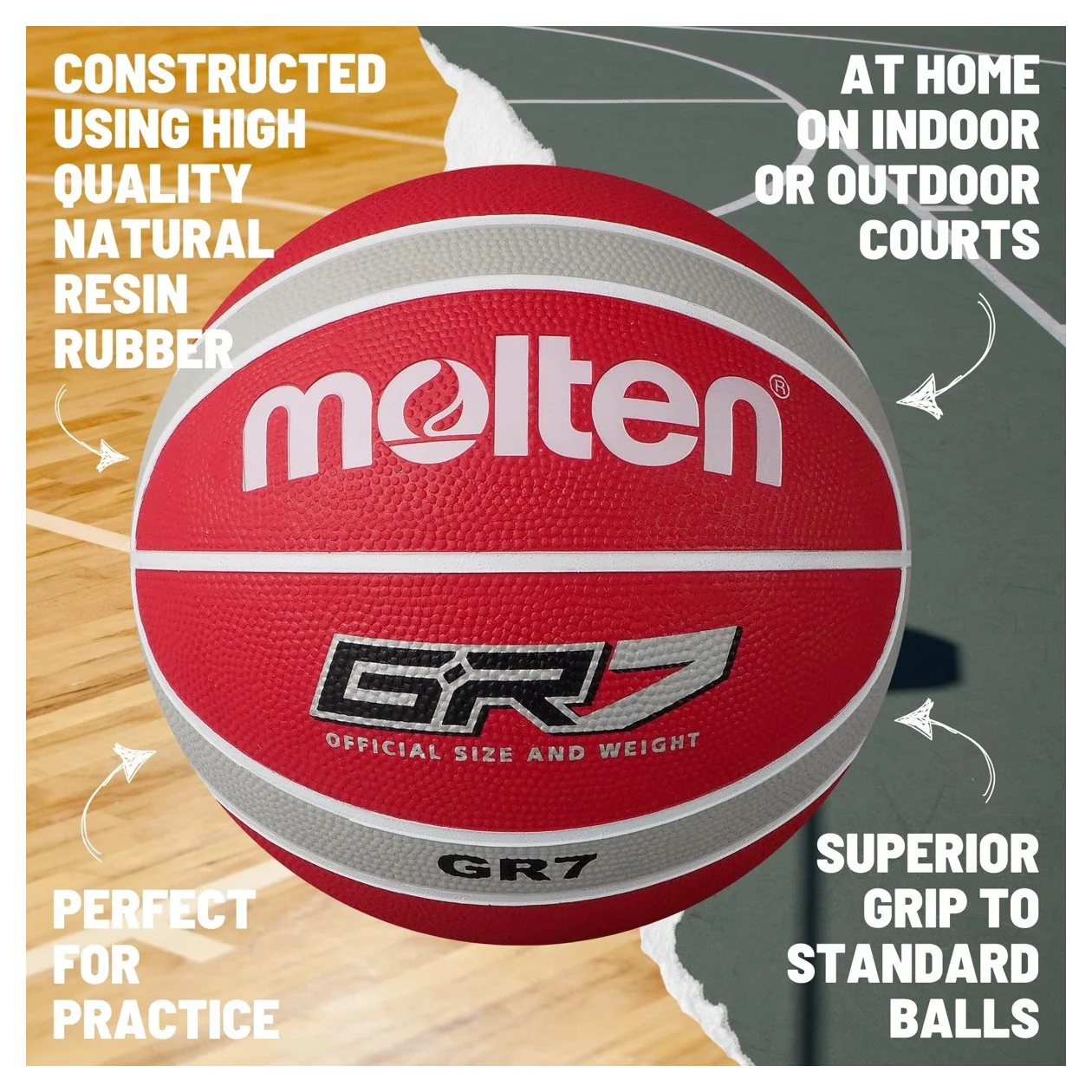 Molten BGR Rubber Basketball - Size 6 - White / Red / Silver - Image 2