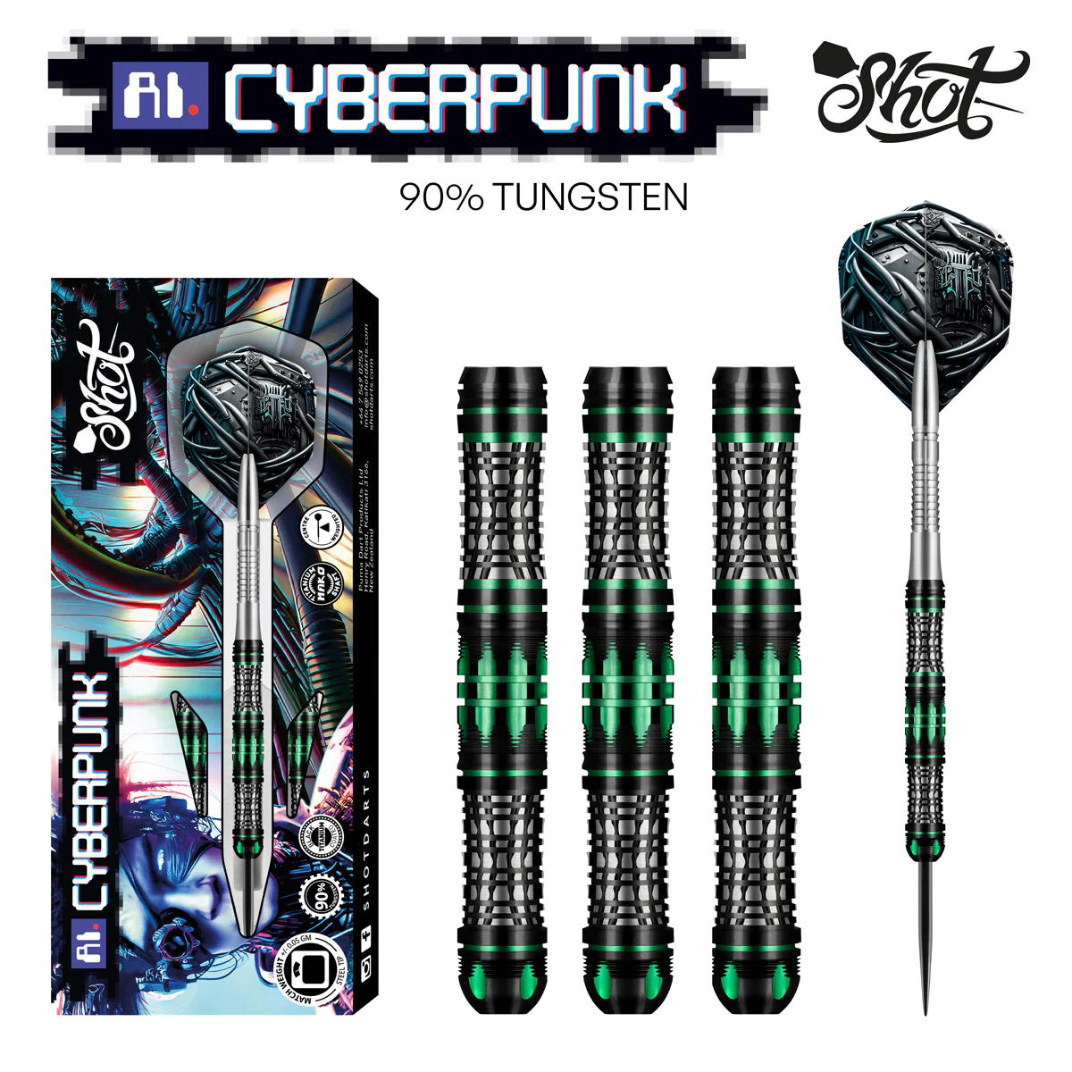 Shot AI Cyberpunk Steel Tip Dart Set 90% Tungsten Barrels 23g - Image 2