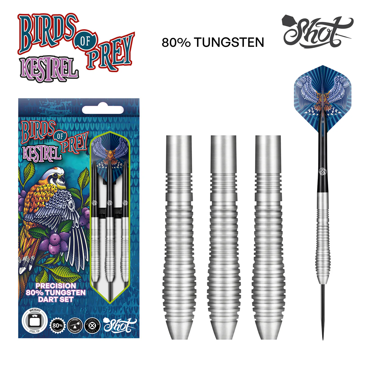 Shot Birds of Prey Kestrel Steel Tip Dart Set 80% Tungsten Barrels 25gm  - Image 2