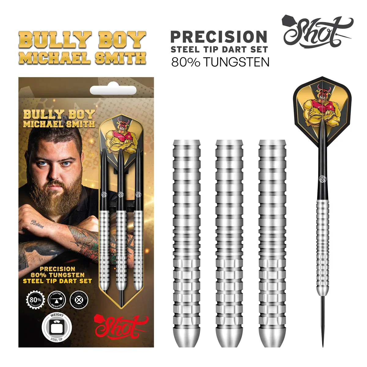 Shot Michael Smith Bully Boy 24g 80% Tungsten Steel Tip Darts - Image 3