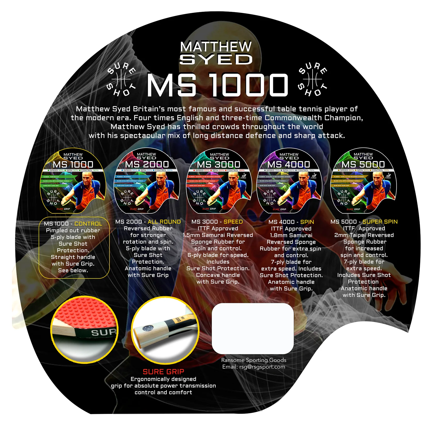Sure Shot Matthew Syed 1000 Table Tennis Bat - Image 2