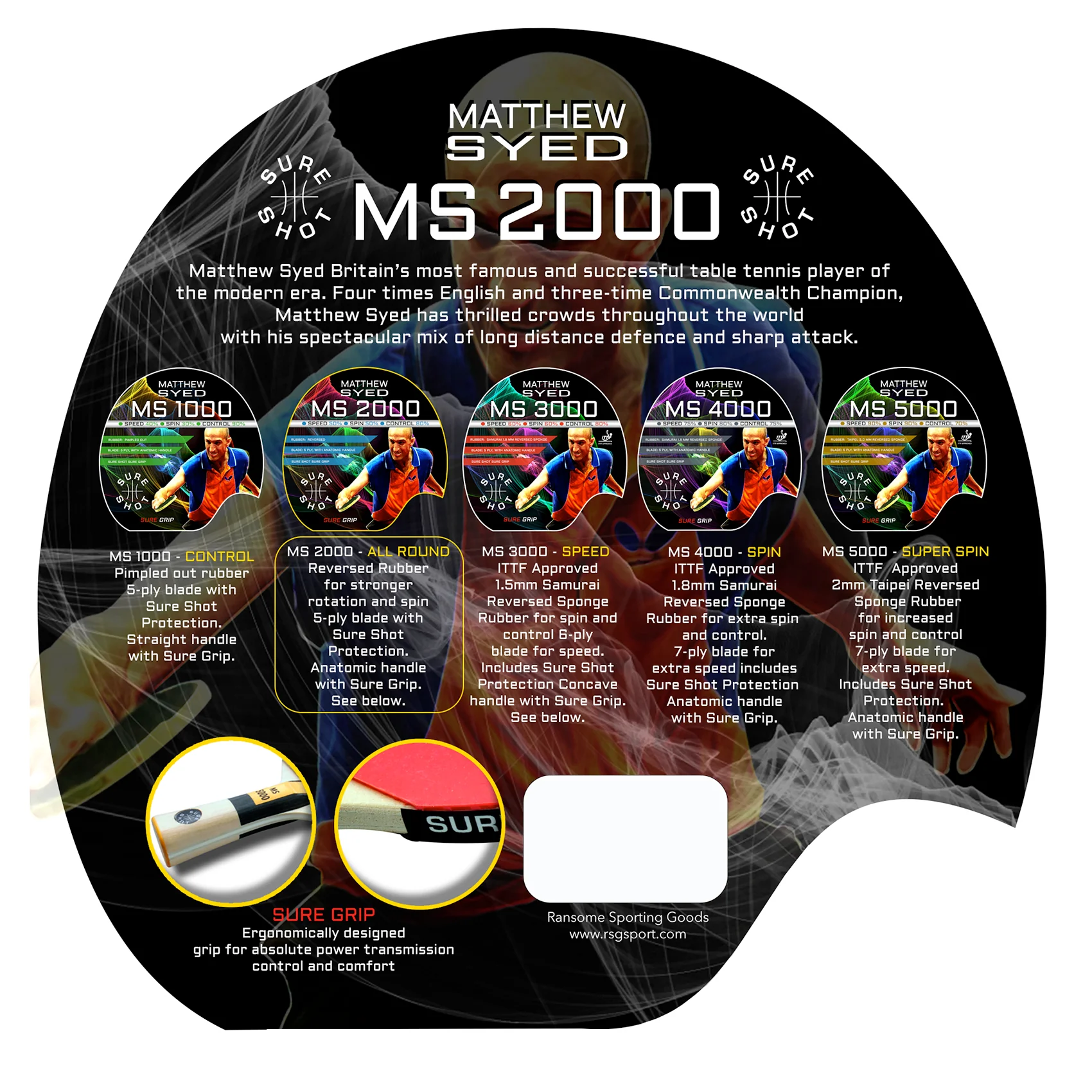 Sure Shot Matthew Syed 2000 Table Tennis Bat - Image 2