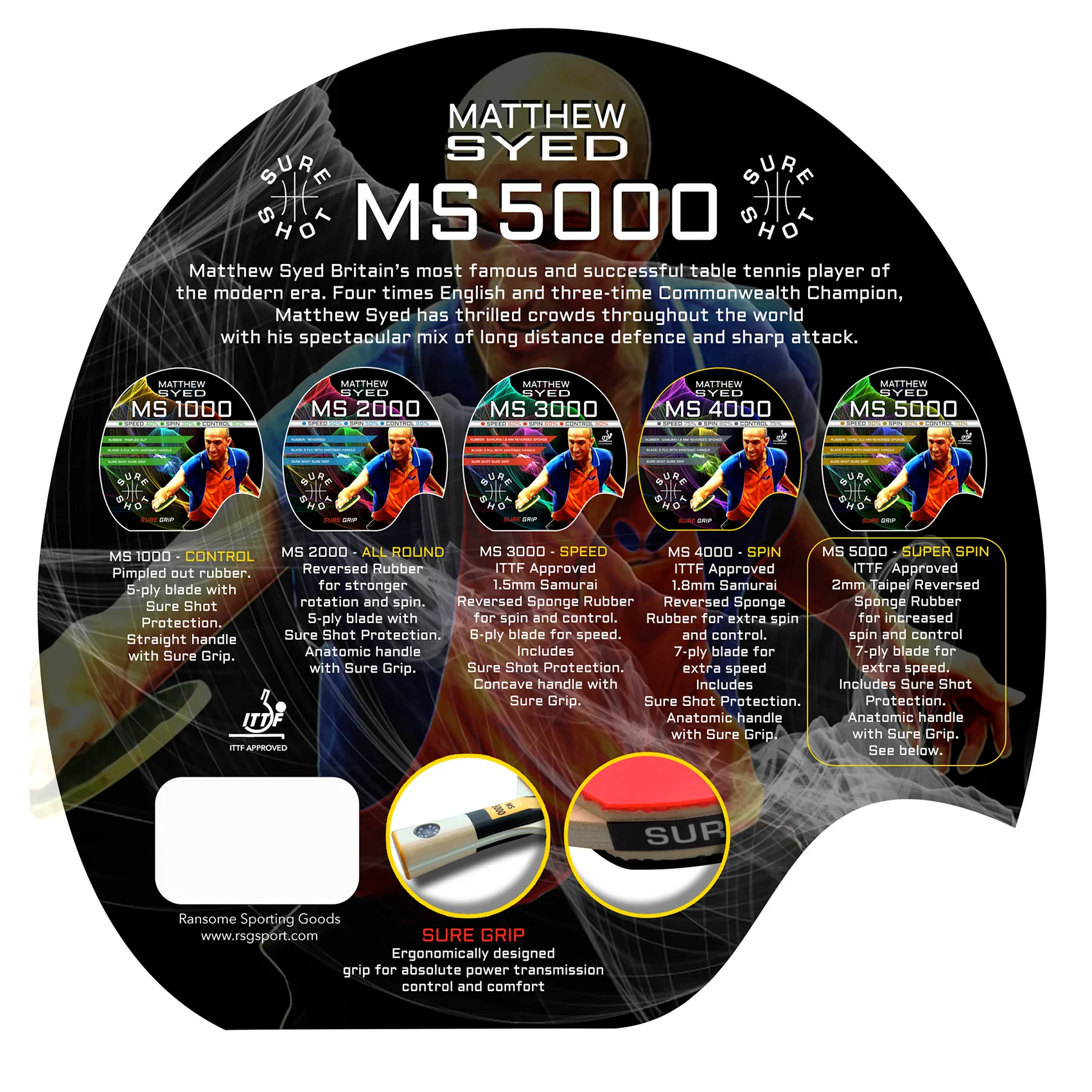 Sure Shot Matthew Syed 5000 Table Tennis Bat - Image 2