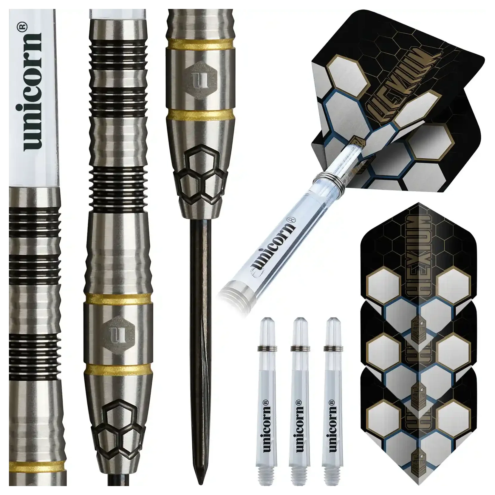 Unicorn Hexium 1 Black & Gold 90% Tungsten Steel Tip Darts 22g - Image 5
